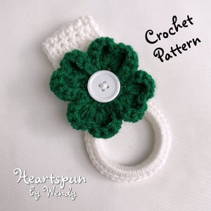 CROCHET PATTERN for you to make a 3D Shamrock 4 Leaf Clover Towel Ring with fold over strap or knob hole strap for towels. Instant Download