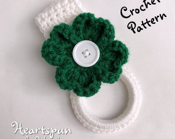 CROCHET PATTERN for you to make a 3D Shamrock 4 Leaf Clover Towel Ring with fold over strap or knob hole strap for towels. Instant Download