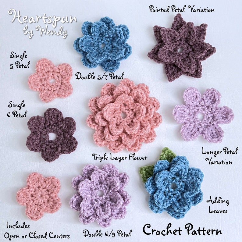CROCHET PATTERN to make Single, Double, Triple Layer Flowers, 5 flowers with 2 petal variations and leaves. PDF Format, Instant Download image 2