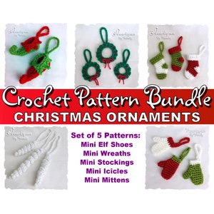 SAVE on this Christmas Ornament CROCHET PATTERN Bundle:  Mini Elf Shoe, Mini Wreath Set, Mini Christmas Stocking, and Mini Mitten Ornaments