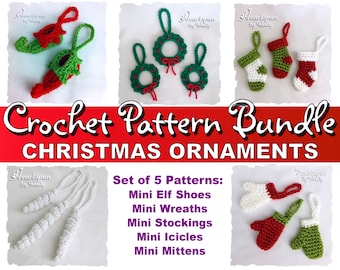 SAVE on this Christmas Ornament CROCHET PATTERN Bundle:  Mini Elf Shoe, Mini Wreath Set, Mini Christmas Stocking, and Mini Mitten Ornaments