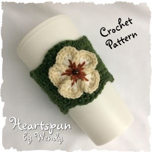 CROCHET PATTERN to make a Floral Fan Stitch Coffee or Tea Cup Cozy with flower applique, Pdf Format, Instant Download.