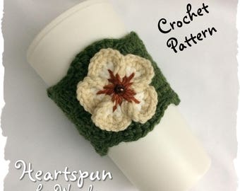 CROCHET PATTERN to make a Floral Fan Stitch Coffee or Tea Cup Cozy with flower applique, Pdf Format, Instant Download.