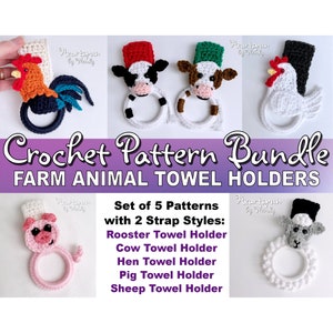 SAVE on this CROCHET PATTERN Bundle for Farm Animals. Rooster, Cow, Hen, Pig, Sheep Kitchen or Bath Towel Holders! Instant Download