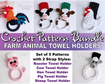 SAVE on this CROCHET PATTERN Bundle for Farm Animals. Rooster, Cow, Hen, Pig, Sheep Kitchen or Bath Towel Holders! Instant Download