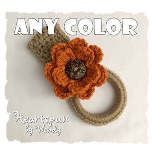 ANY COLOR towel holder with ANY color double layer flower, fold-over strap and sturdy ring holds dish or hand towels in kitchen, bathroom