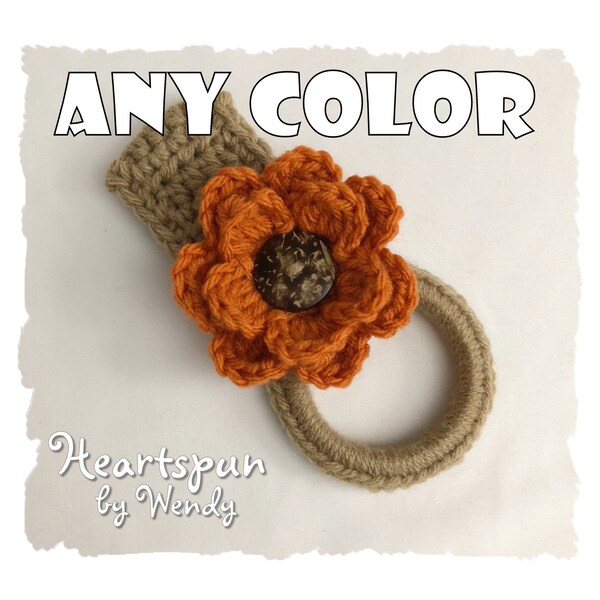 ANY COLOR towel holder with ANY color double layer flower, fold-over strap and sturdy ring holds dish or hand towels in kitchen, bathroom