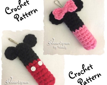 CROCHET PATTERN to make a Mickey Mouse & Minnie Mouse Lip Balm Holder, Fits chapstick or similar size lip balm, Pdf Format, Instant Download