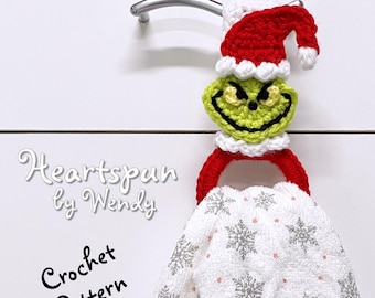CROCHET PATTERN to make a Grinch Christmas Kitchen or Bath Towel Holder Ring. Instant Download. Towel topper pattern, crochet towel holder