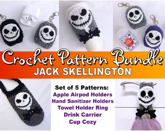 SAVE on this CROCHET PATTERN Bundle for Jack Skellington Theme! Towel holder, cup cozy, drink carrier, hand sanitizer and airpod holders