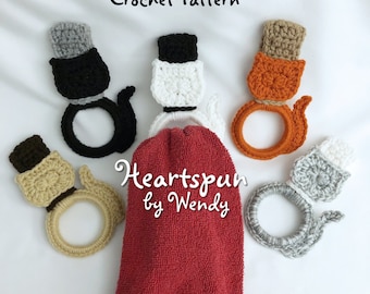 CROCHET PATTERN to make a Cat Silhouette Towel Ring with fold over strap or knob hole strap for hand or dish towels. Instant Download, PDF