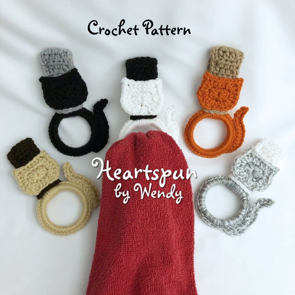 CROCHET PATTERN to make a Cat Silhouette Towel Ring with fold over strap or knob hole strap for hand or dish towels. Instant Download, PDF