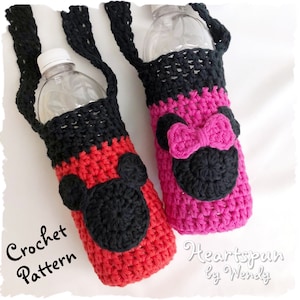 CROCHET PATTERN to make a Mickey Mouse & Minnie Mouse drink Carrier and applique, for water, soda, sport drink. Pdf Format, Instant Download
