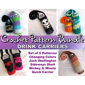 May include: A set of five crochet patterns for drink carriers. The patterns include a changing colors design, a Jack Skellington design, a sideways shell design, a Mickey and Minnie design, and a quick carrier design.