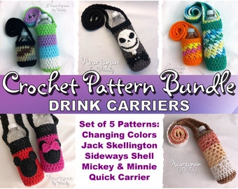 SAVE on this CROCHET PATTERN Bundle for 5 Different Drink Carriers, 2 with multiple sizes, and different strap methods. Pdf Instant Download