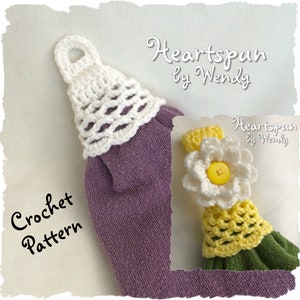 CROCHET PATTERN to make a Lattice Skirt Towel Ring with knob and foldover strap, optional flower, hand or dish towels. Instant Download, PDF