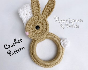 MOTIF AU CROCHET pour réaliser un anneau porte-serviettes lapin avec une sangle rabattable ou une sangle trouée pour les serviettes ou les torchons. Téléchargement instantané