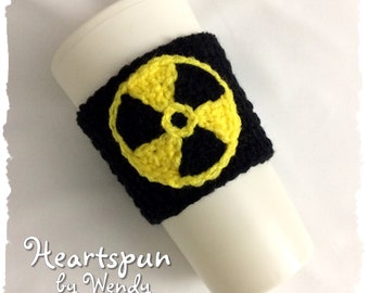 READY TO SHIP Toxic Hazard Cup Cozy for Coffee Tea or Ice Cold Drinks. Hand crocheted, fits most standard size cups