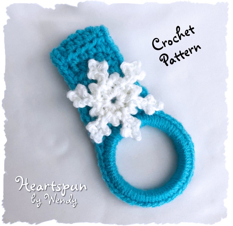 CROCHET PATTERN to make a Snowflake towel Ring with fold over strap or knob hole strap for hand or dish towels. Instant Download, PDF image 6