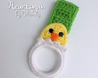 Handmade Hatching Baby Chick towel holder ring, folding or knob hole strap, holds kitchen dish or hand towels. Easter spring kitchen decor.