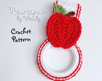 CROCHET PATTERN for you to make an Apple Towel Holder Ring with fold over or knob strap, apple applique, for hand towels. Instant Download