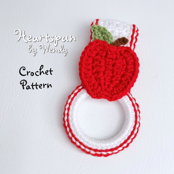 CROCHET PATTERN for you to make an Apple Towel Holder Ring with fold over or knob strap, apple applique, for hand towels. Instant Download