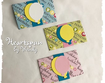 Set of 3 Happy Birthday Gift Card Holders or Money Holders with Balloon Die Cuts, Note Card Insert. Teal Pink Yellow Mini Card READY TO SHIP