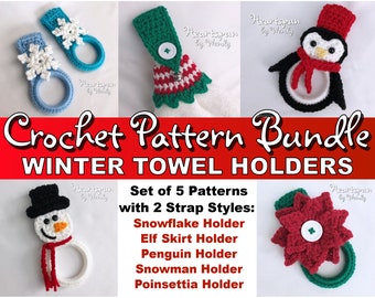 SAVE on this CROCHET PATTERN Bundle for Kitchen or Bath Winter Holiday Towel Holders in 5 styles, all with 2 strap styles! Pdf Download