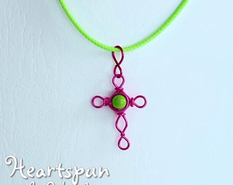 READY TO SHIP Handmade Reversible Hot Pink Infinity Cross wire pendant with green bead, adj green waxed cotton cord, Gift Box included!