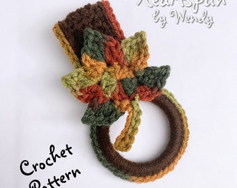 CROCHET PATTERN to make a Fall Leaf Kitchen or Bath Towel Holder Ring with 2 Strap Styles. Fall Halloween Decoration, PDF Instant Download