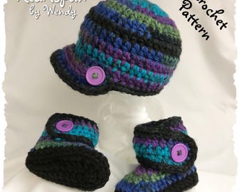 CROCHET PATTERN to make a Newsboy Baby Hat and Ankle Wrap Baby Boots in 3 sizes, Boy or Girl, Works up fast! Instant Download, PDF Format