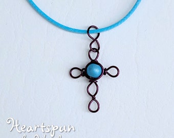 READY TO SHIP Handmade Reversible Purple Infinity Cross wire pendant with blue bead, adjustable blue waxed cotton cord, Gift Box included!