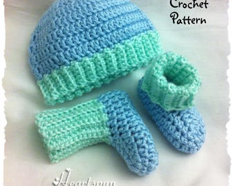 CROCHET PATTERN to make a Ribbed Baby Hat and Bootie Sock Set, Boy or Girl, 3 sizes, PDF Format, Instant download.