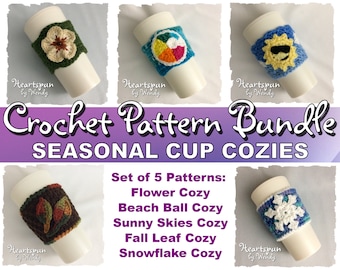 SAVE on this CROCHET PATTERN Bundle to make 5 Seasonal Coffee/Tea Cup Cozies with appliques. Flower, Beach Ball, Sunny Sky, Leaf, Snowflake