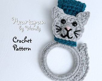 CROCHET PATTERN to make a Cat Towel Ring with fold over strap or knob hole strap for hand or dish towels. Instant Download, PDF