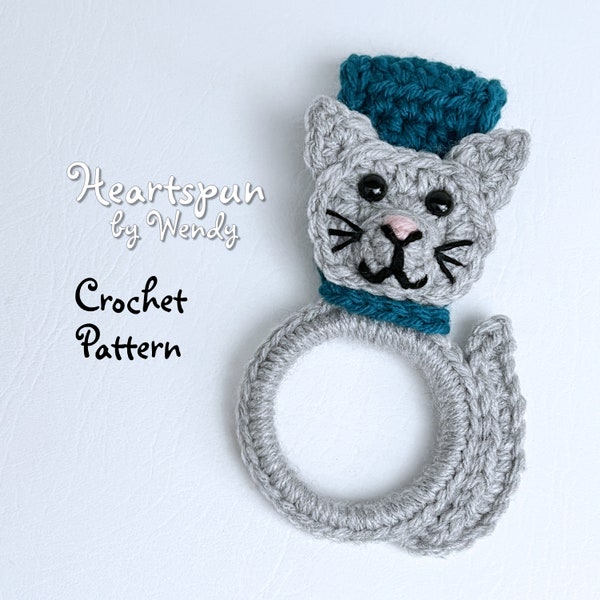 CROCHET PATTERN to make a Cat Towel Ring with fold over strap or knob hole strap for hand or dish towels. Instant Download, PDF