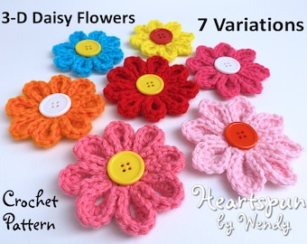 CROCHET PATTERN to make 3D Daisy Flowers in 7 Variations, 2 Petal Styles, multiple sizes. Crochet Spring Flowers PDF Instant Download