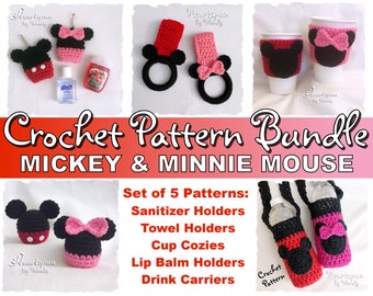 SAVE on this CROCHET PATTERN Bundle for Mickey Mouse Minnie Mouse Sanitizer Holder, Towel Ring, Cup cozy, eos lip balm holder, drink carrier