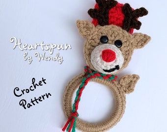 CROCHET PATTERN to make a Rudolph the Reindeer Christmas Kitchen or Bath Towel Holder Ring. Instant Download. Towel topper crochet pattern