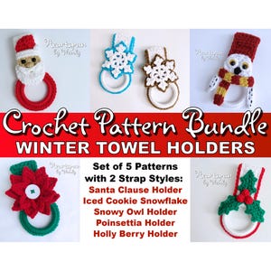 以下が含まれることがあります： 冬のタオルホルダー用の5つのクロシェパターンセット。パターンには、サンタクロース、アイシングクッキーの雪片、雪のフクロウ、ポインセチア、ヒイラギのベリーのデザインが含まれています。パターンは2つのストラップスタイルで入手できます。