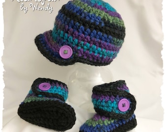 READY TO SHIP Newsboy Baby Hat and Ankle Wrap Boot Set, Soft and Cuddly, 6 to 12 Month size. Hand Crocheted. Baby Hat and Baby Bootie Shoes