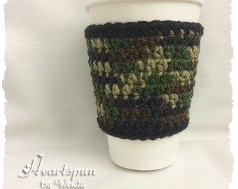 READY TO SHIP Camouflage Cup Cozy for Coffee Tea or Ice Cold Drinks.  Hand crocheted, fits standard size cups for coffee, tea, cold soda