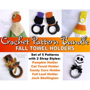 May include: A set of five crochet patterns for fall towel holders. The patterns include a pumpkin, cat, candy corn, fall leaf, and Jack Skellington design. The patterns are available in two strap styles.