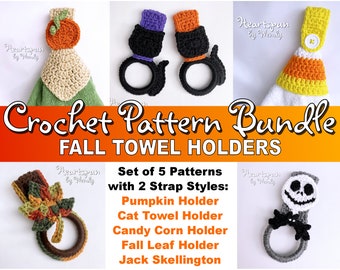 SAVE on this CROCHET PATTERN Bundle for Fall Towel Holders! Pumpkin with skirt, Black Cat, Candy Corn Skirt, Fall Leaf, Jack Skellington