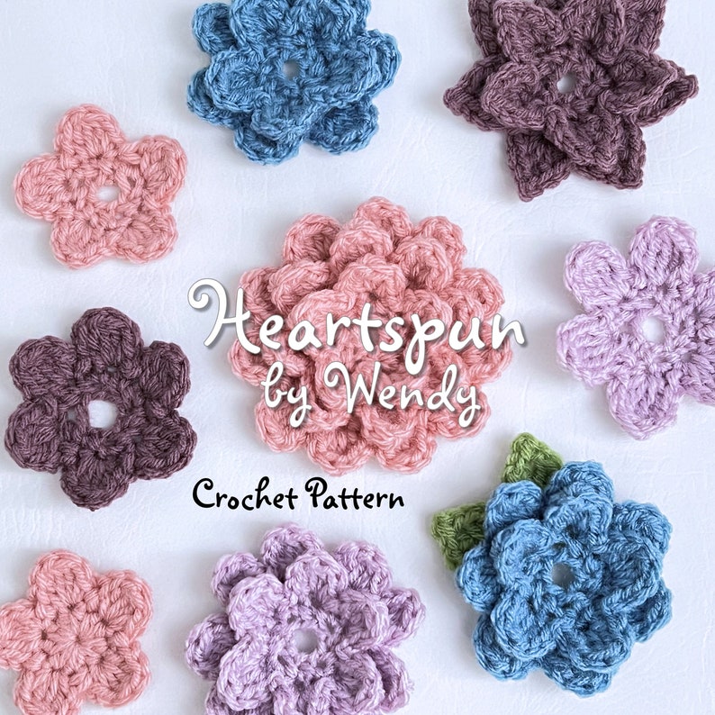 CROCHET PATTERN to make Single, Double, Triple Layer Flowers, 5 flowers with 2 petal variations and leaves. PDF Format, Instant Download image 3