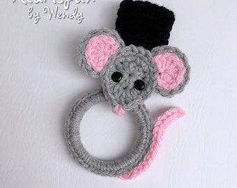 Handmade Mouse towel holder ring, folding or knob hole strap, holds kitchen dish or hand towels. Crochet mouse kitchen decor.