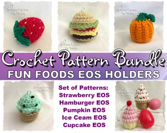 SAVE on this CROCHET PATTERN Bundle to make Fun Foods Eos Lip Balm Holders. Strawberry, Hamburger, Pumpkin, Cupcake, Ice Cream. Pdf Download