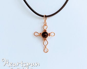 READY TO SHIP Handmade Reversible Copper Infinity Cross wire pendant with brown bead, adjustable brown waxed cotton cord, Gift Box included!