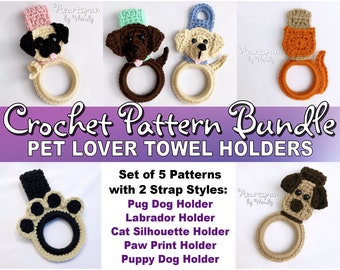 SAVE on this CROCHET PATTERN Bundle for Pet Lovers. Pug, Labrador, Cat, Paw Print, Puppy Dog Kitchen or Bath Towel Holders! Instant Download