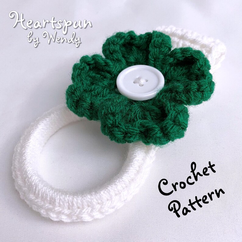 CROCHET PATTERN 3D Shamrock Four Leaf Clover Towel Holder Ring with two strap styles for hand or dish towels. PDF Download image 5